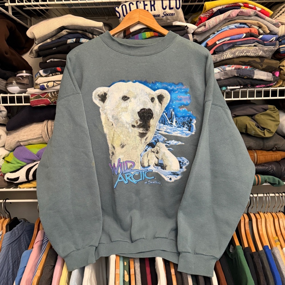 Vintage SeaWorld Polar Bear Sweatshirt Men's 2XL Blue Wild Arctic Crewneck